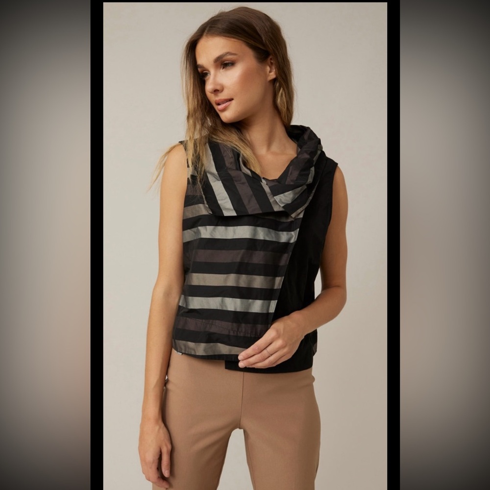 JOSEPH RIBKOFF Vest Top Sleeveless NWT $189 Folded Collar Stripe Black Gray